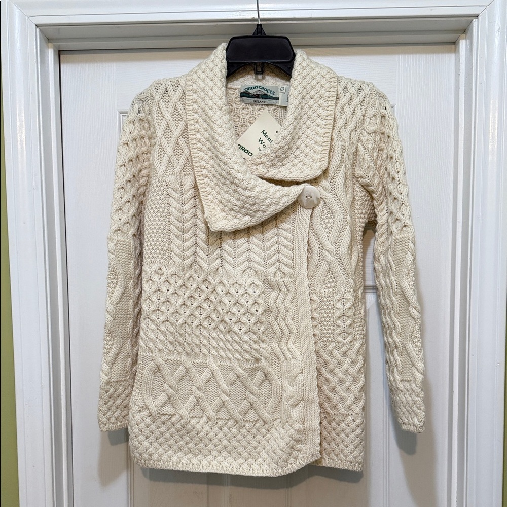 Aran Crafts Cream Cable Knit Shawl Collar Cardigan